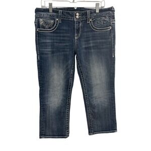 Vigoss New York Capri Blue Jeans Women 34W Cropped Stretch Rhinestone Crystals